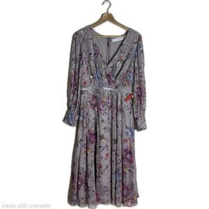 Mac Duggal Floral Print V-Neck Long Sleeve Midi Dress size 6
